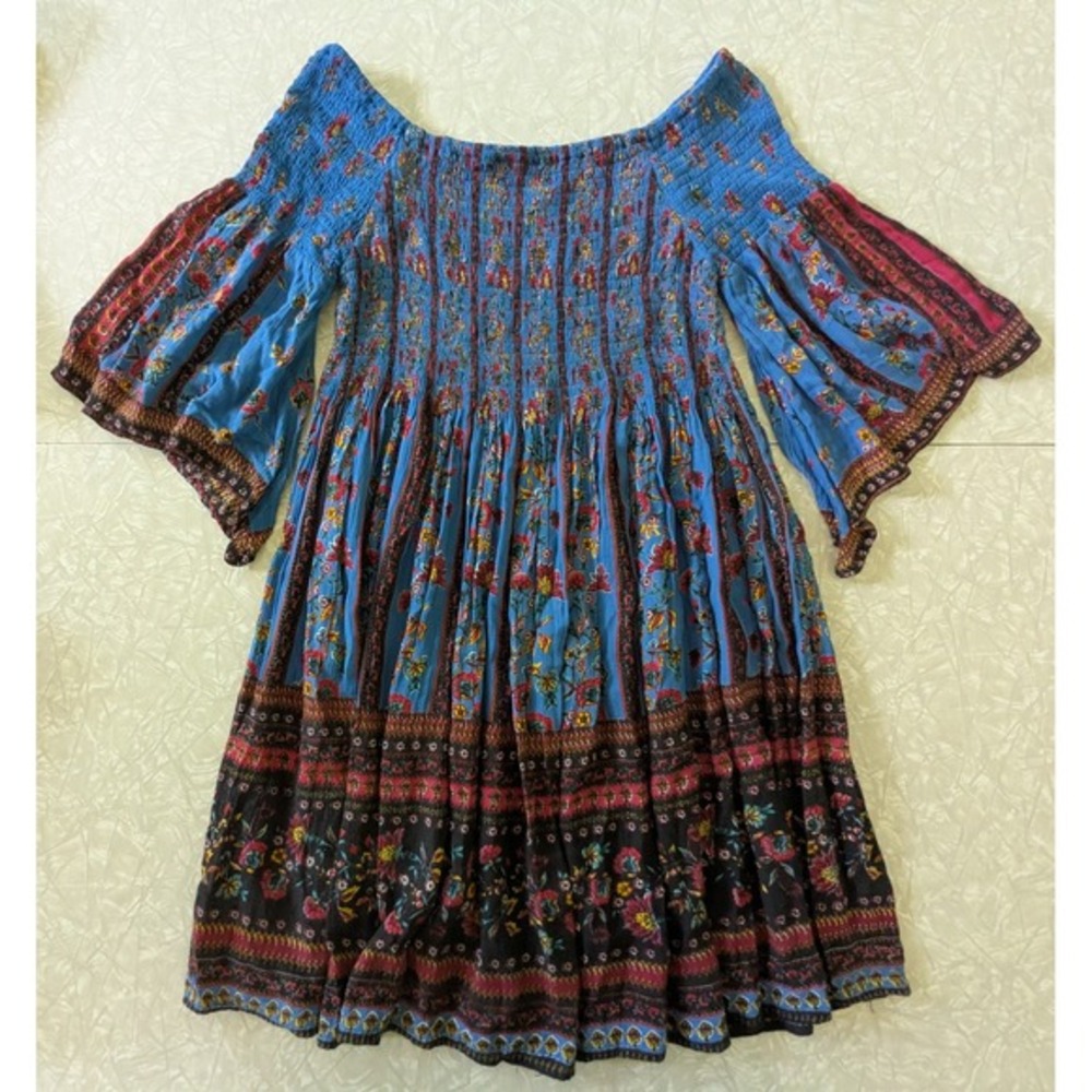 Altar'd State S Floral Boho Smocked Off Shoulder Bell Sleeve Mini Dress Festival